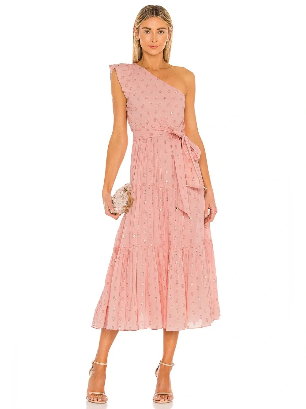 Karina Grimaldi Pauline Dot Dress Blush One Shoulder Midi Size Large - Picture 5 of 14